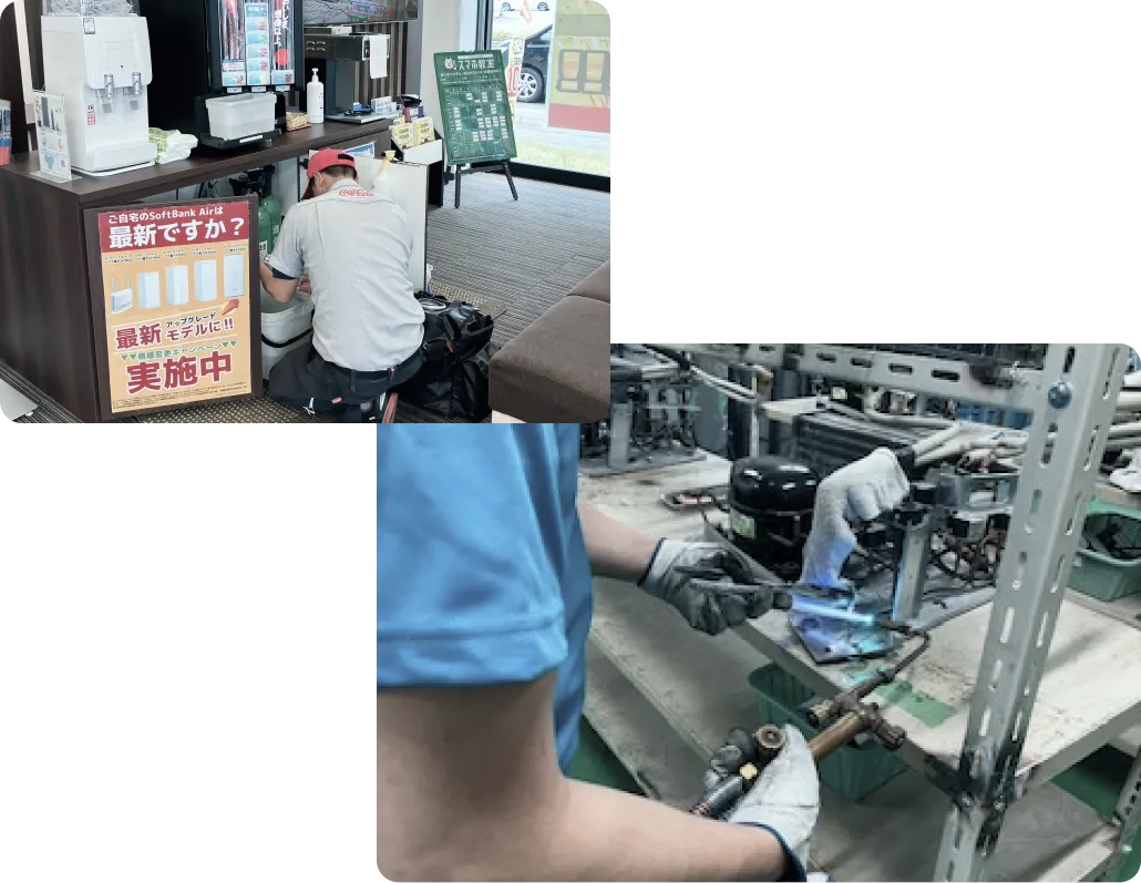 設置した機器の点検をする作業者と溶接で修理される部品